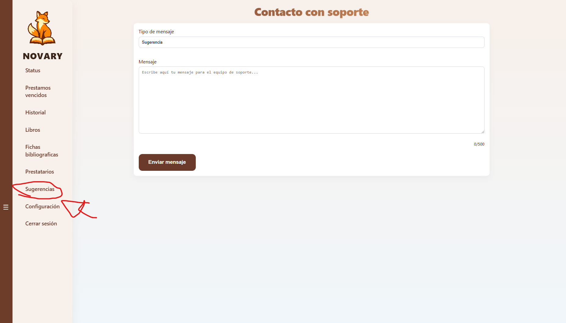 Sección de sugerencias en la aplicación