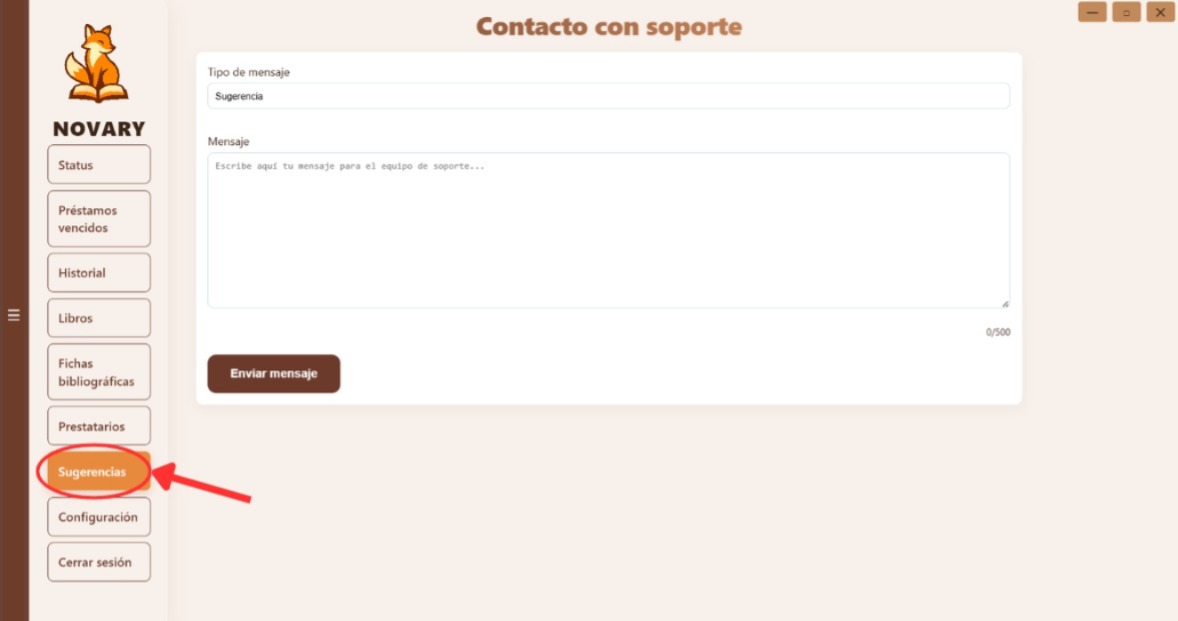 Sección de sugerencias en la aplicación